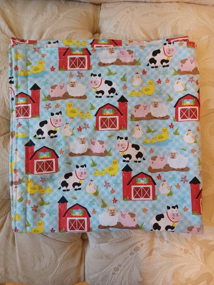 Farm Animal Flannel and Minky Baby Blanket / barn / red / blue / farm / cow / chicken / pig / duck / handsewn / baby gift / blanket - Thumbnail 4