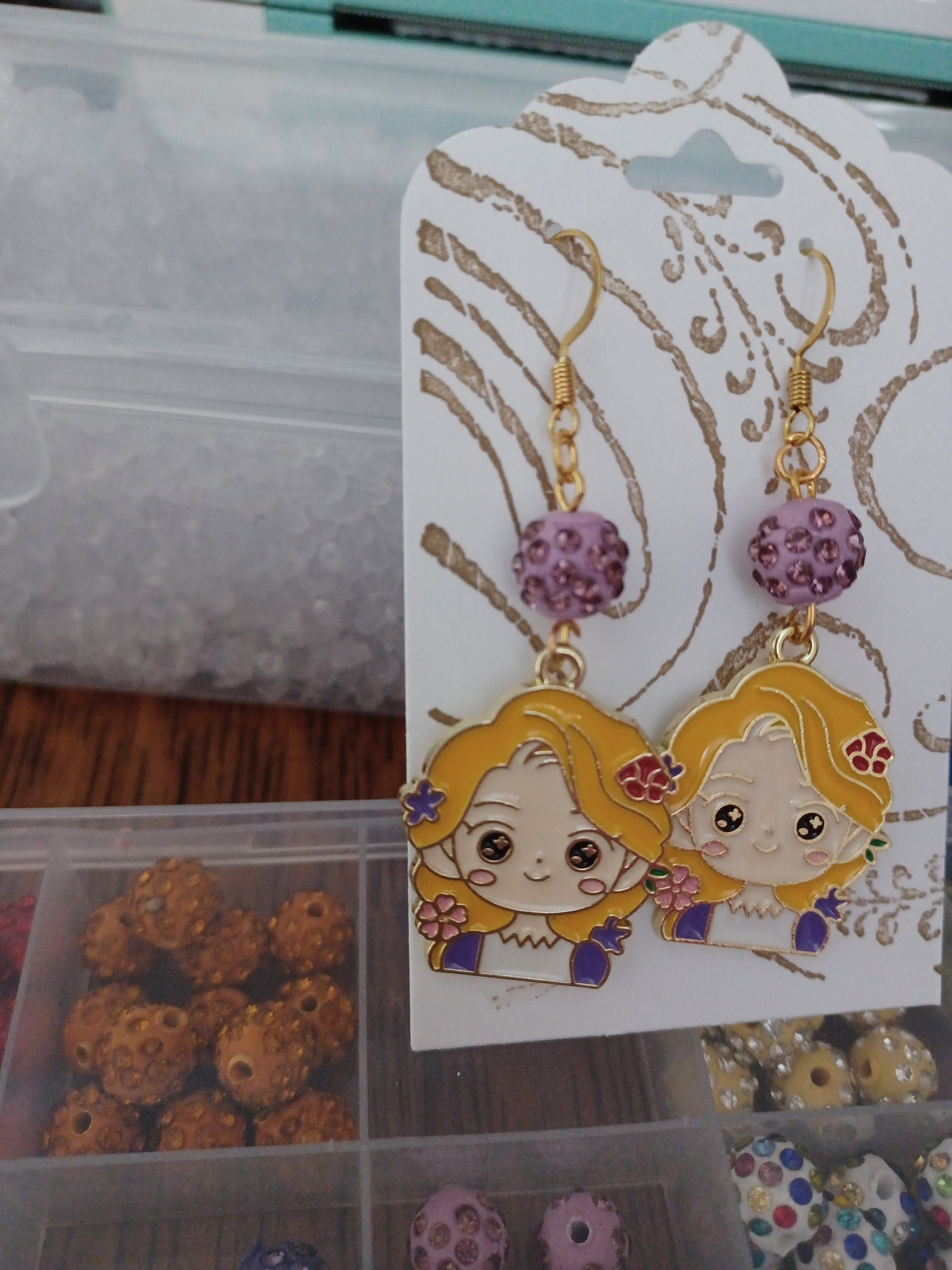 Rapunzel Charm Earrings / purple / princess / gold / starry eyes / fish hook / sparkle bead / tangled / for her - Image 1