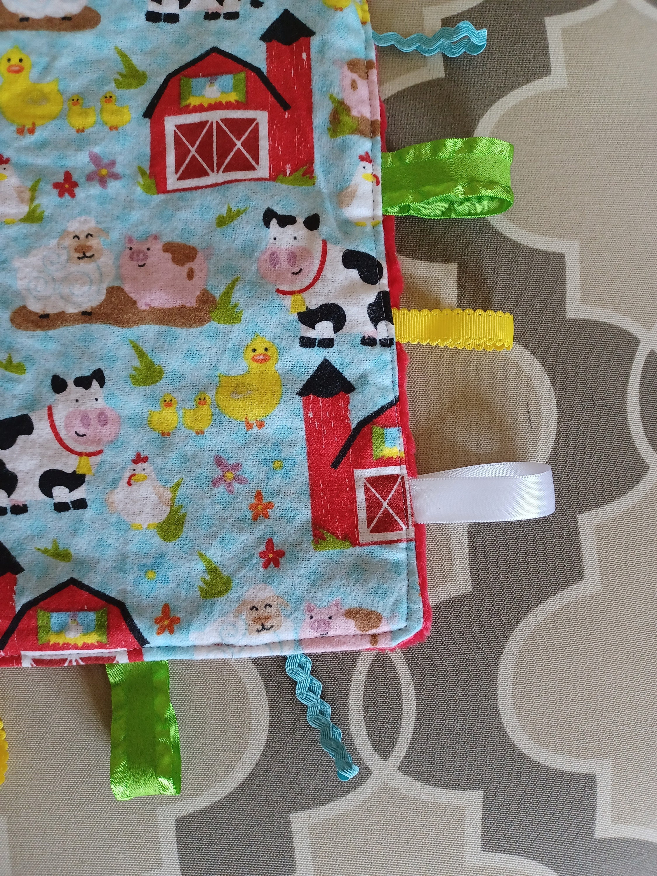 Farm Animal Mini Blanket / baby / farm / animals / minky / flannel / ribbons / textures / lovey / 11 inches square - Thumbnail 2