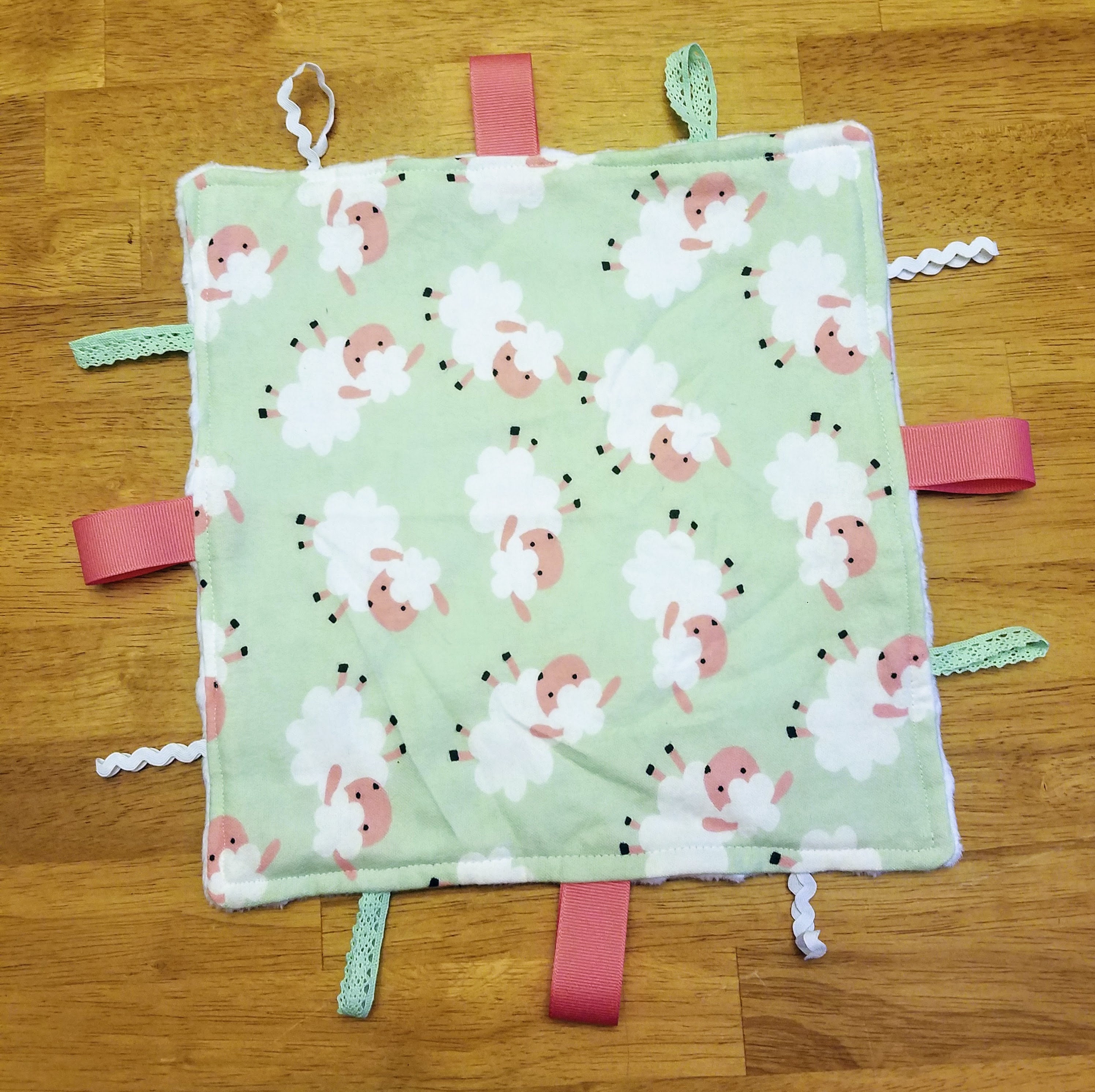 Sheepy Mini Blanket / sheep / ribbon / flannel / mint / pink / white / cotton / minky / soft / baby / texture - Image 1