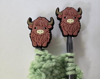 Highland Cow Knitting Needle Stoppers | Silicone Safety Protectors (Set of 2)