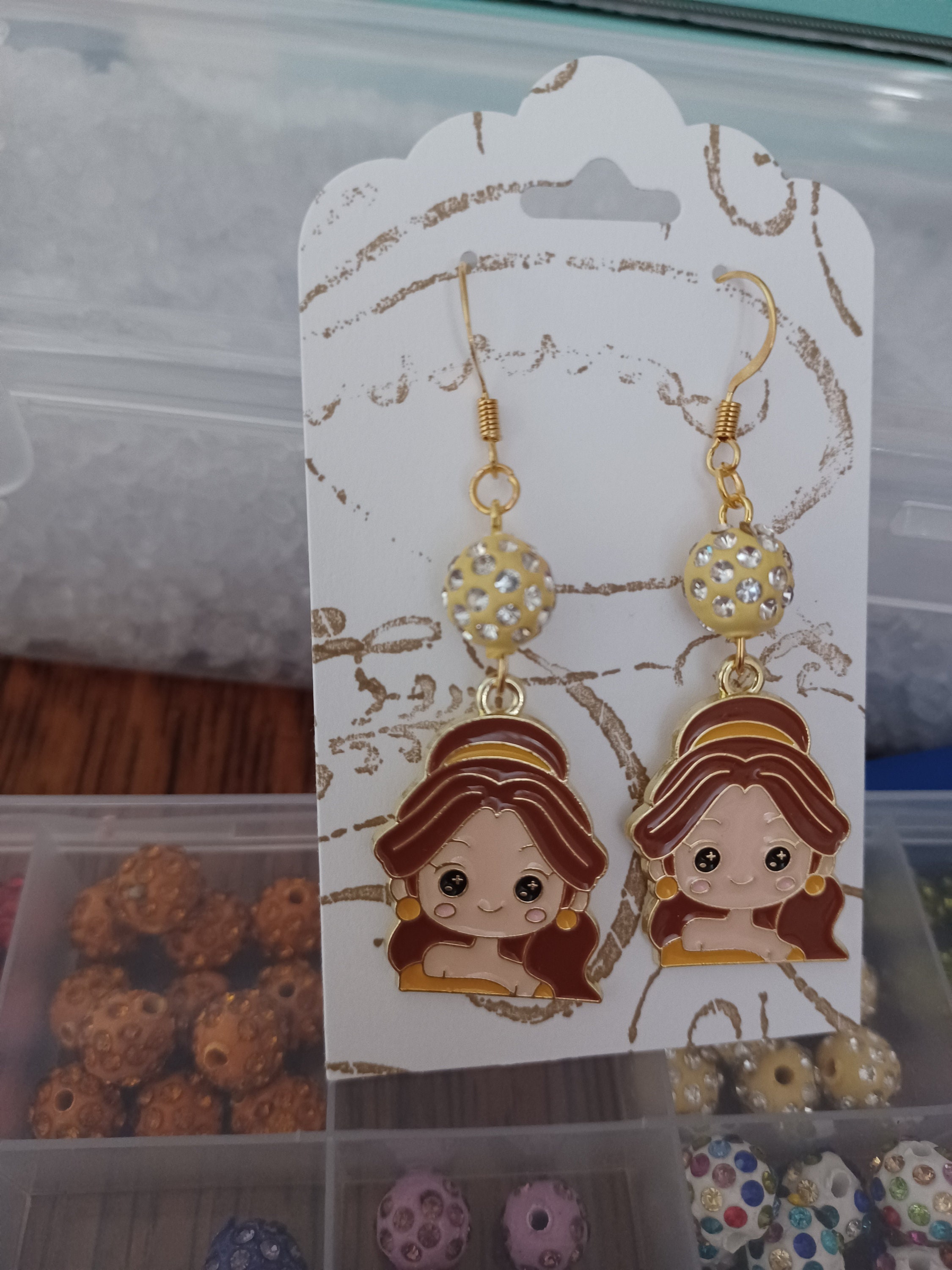 Belle Charm Earrings / yellow / princess / gold / starry eyes / fish hook / sparkle bead / Beauty / for her - Image 1