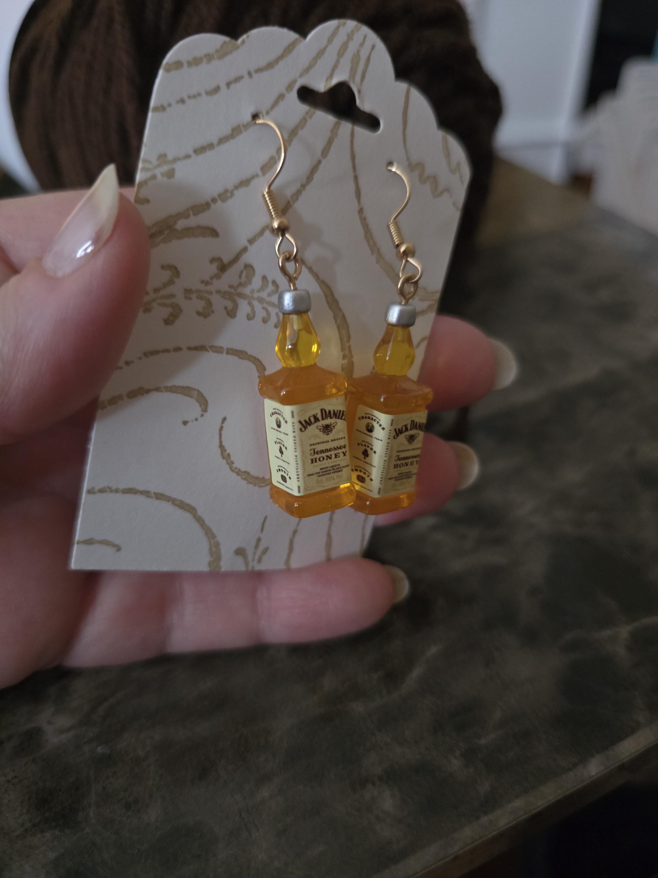 Honey Whiskey bottle earring / acrylic / nickel free / fish hook / 3D bottle charm / rhinestone accents - Thumbnail 2