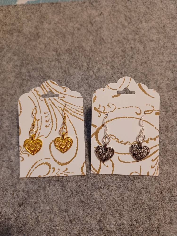Curly Heart Earrings / silver / gold / nickel free / earrings / dangle / heart / valentines / simple / elegant - Image 1
