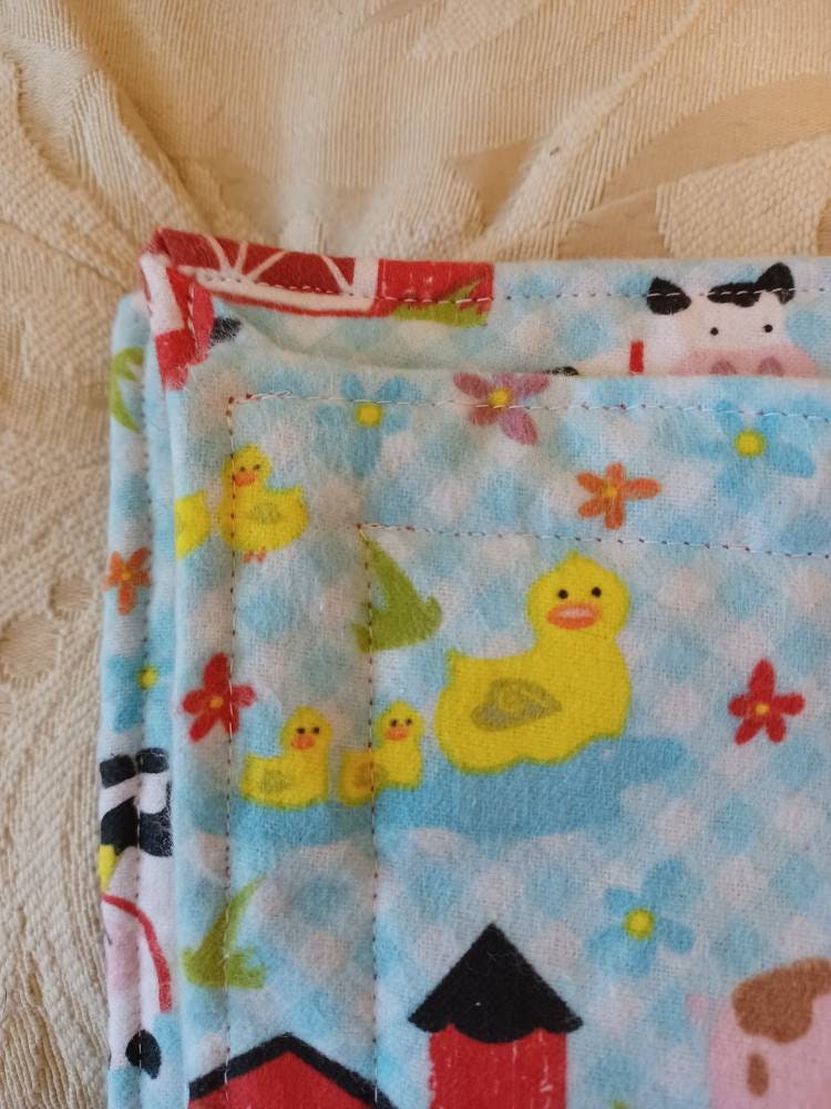 Farm Animal Flannel and Minky Baby Blanket / barn / red / blue / farm / cow / chicken / pig / duck / handsewn / baby gift / blanket - Thumbnail 2