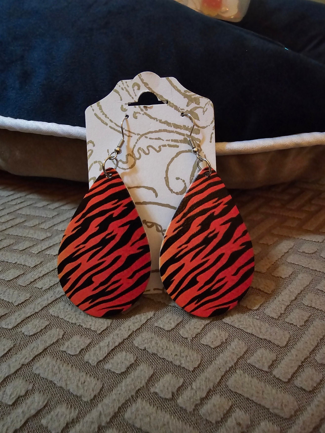 Tiger Stripe Teardrop Earring / lightweight / Orange / plastic / nickel free / fish hook / Sublimated / Double sided