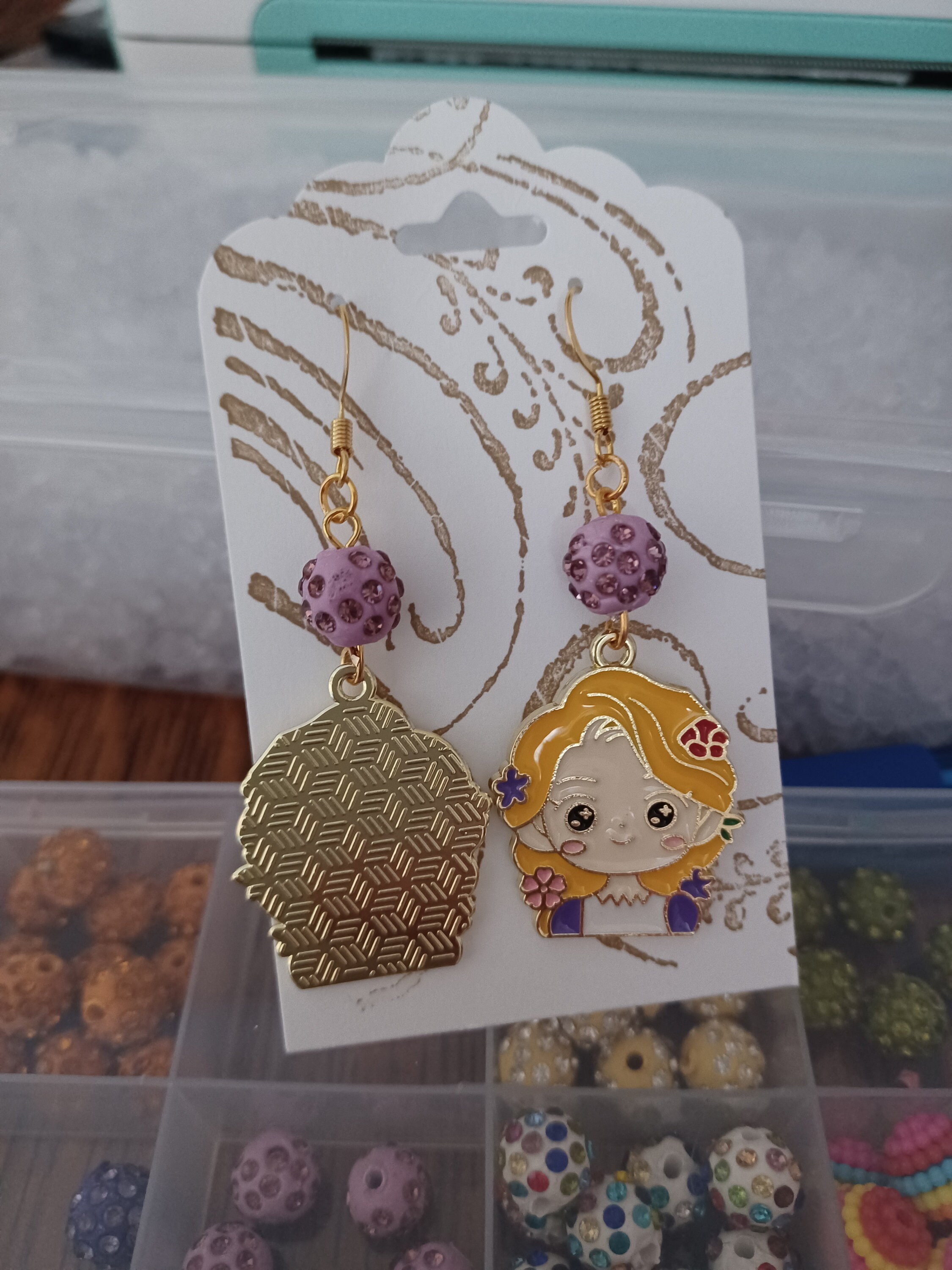 Rapunzel Charm Earrings / purple / princess / gold / starry eyes / fish hook / sparkle bead / tangled / for her - Thumbnail 2
