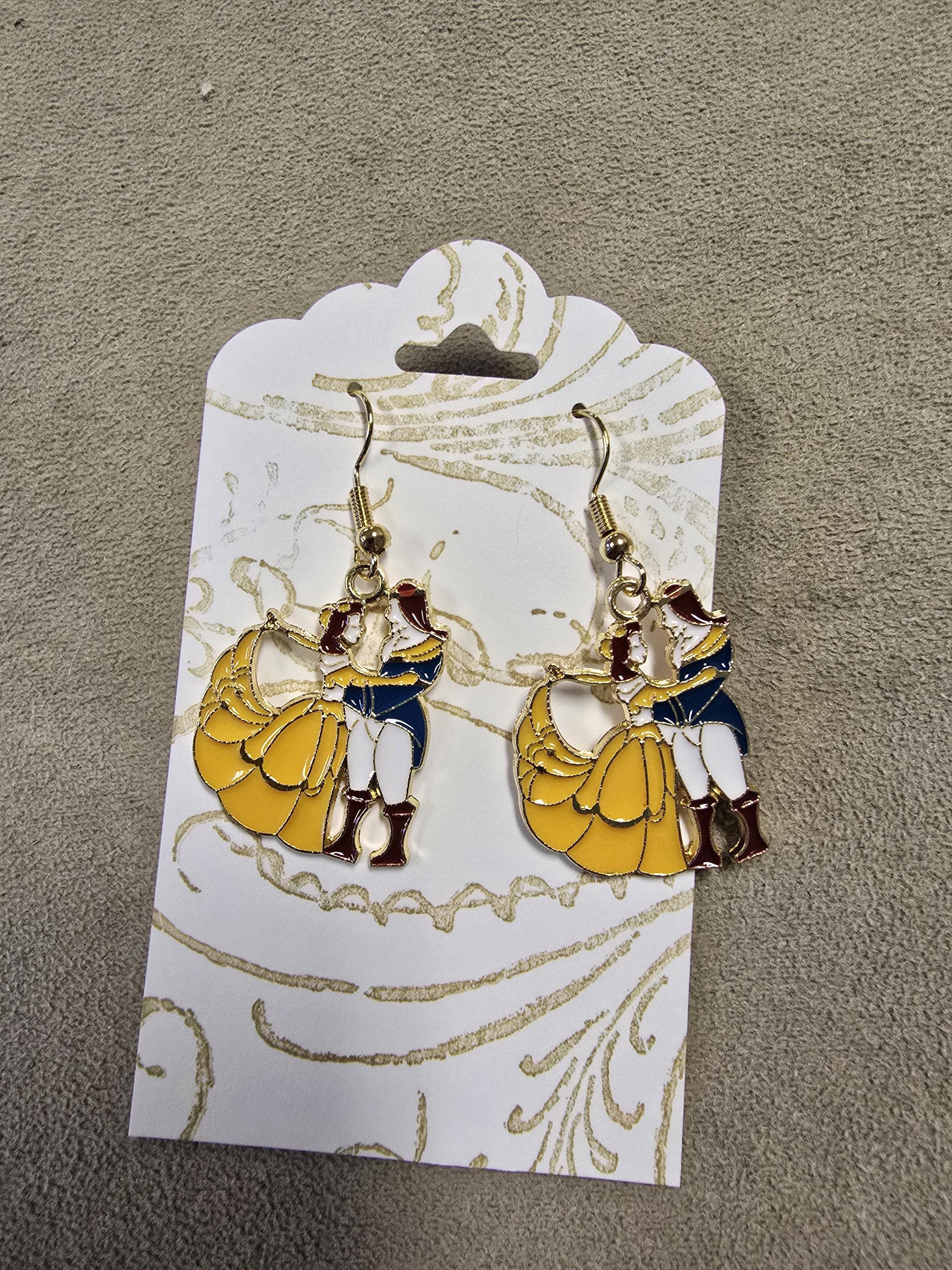 Beauty and Beast Charm Earrings / yellow / princess / gold / teapot / chip / dancing couple /  fish hook / sparkle bead / Belle / for her - Thumbnail 2