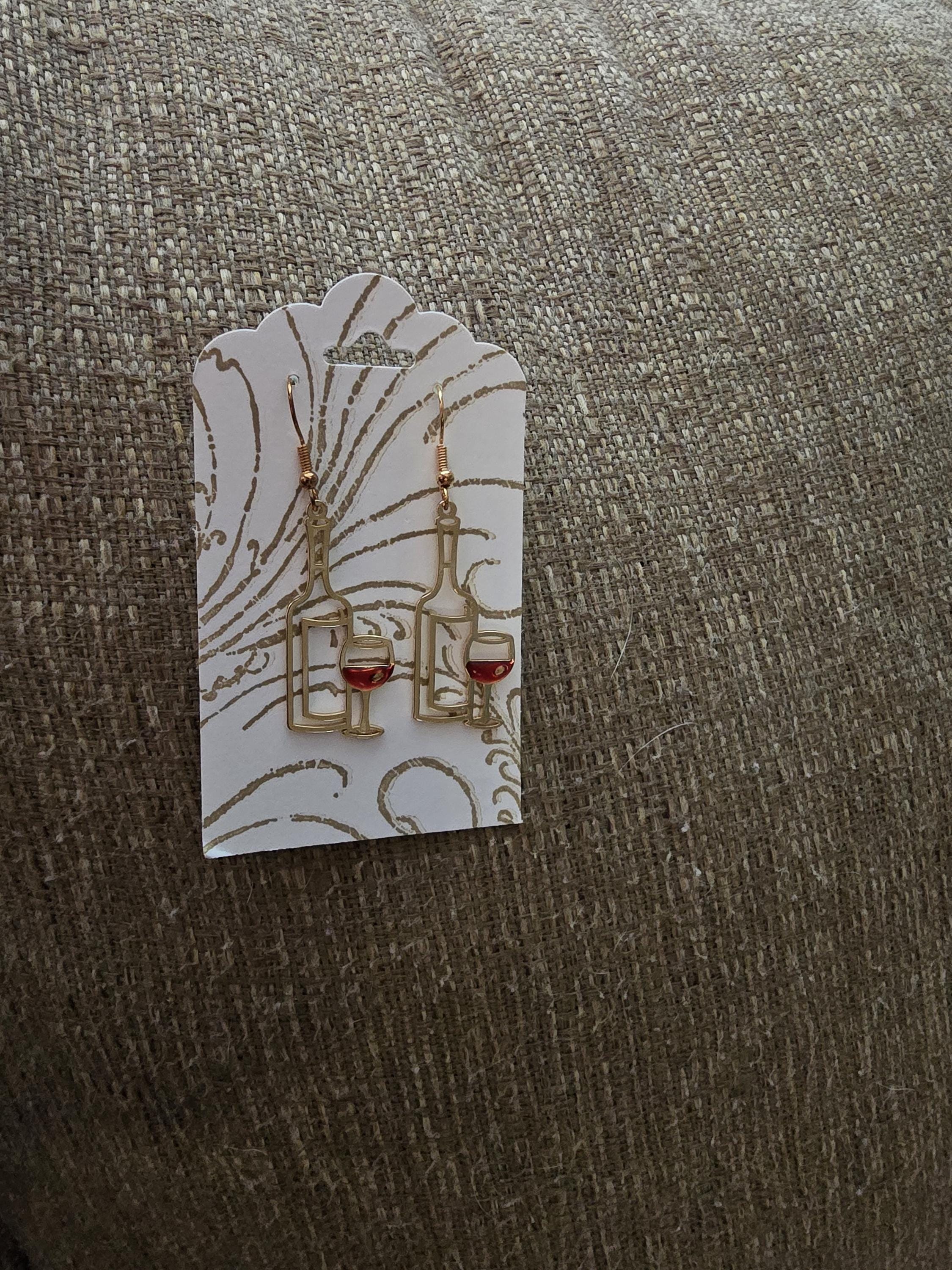 Red wine and wine bottle earrings / nickel free metal / gold finish /  wine / red / lightweight / dangle / earring / novelty - Thumbnail 3