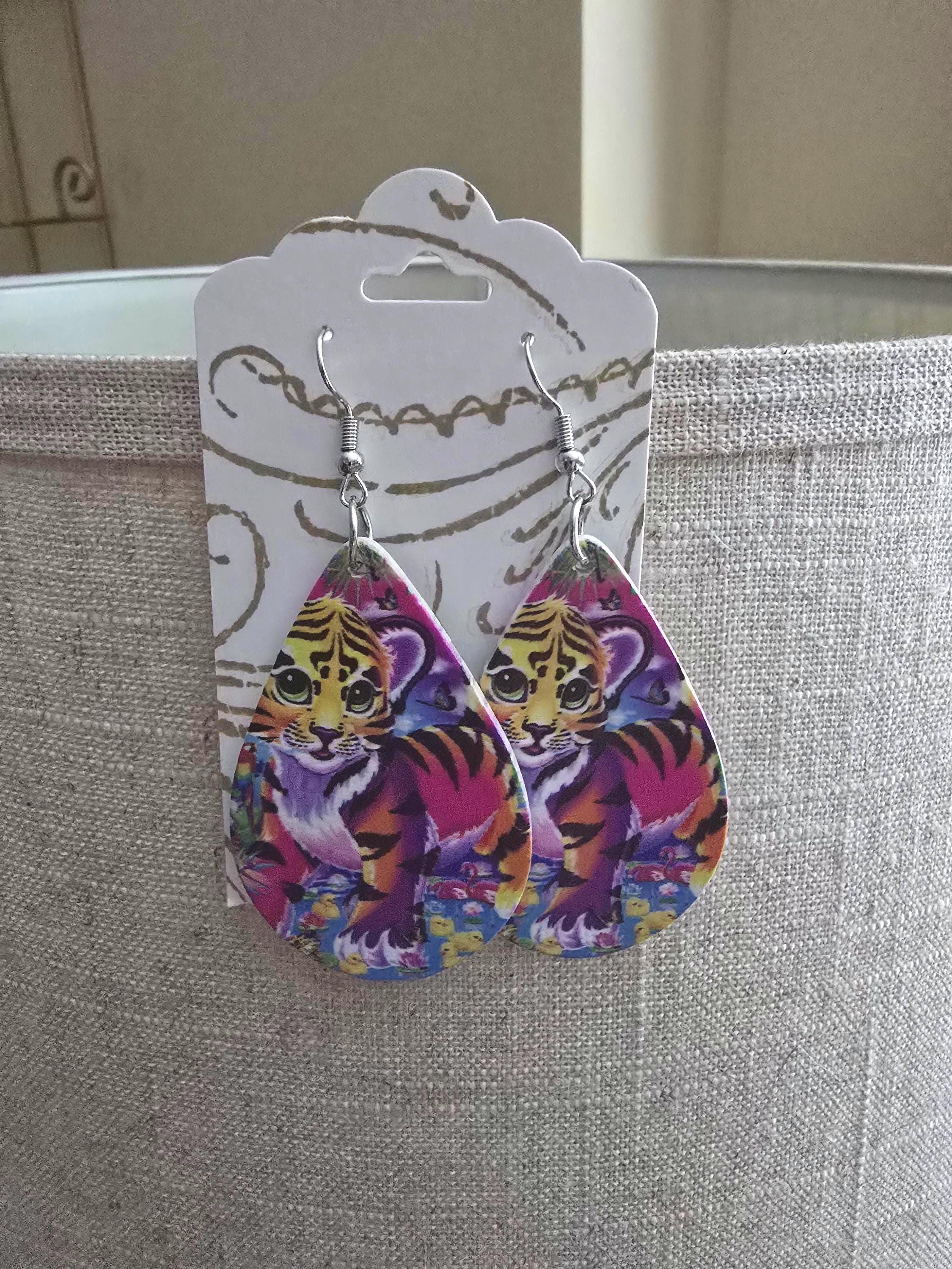Bright Tiger Teardrop Earring / lightweight / lisa frank style / plastic / nickel free / fish hook / Sublimated / Double sided / 90s - Image 1