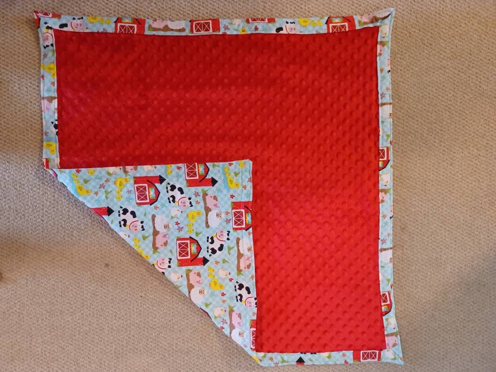 Farm Animal Flannel and Minky Baby Blanket / barn / red / blue / farm / cow / chicken / pig / duck / handsewn / baby gift / blanket - Image 1