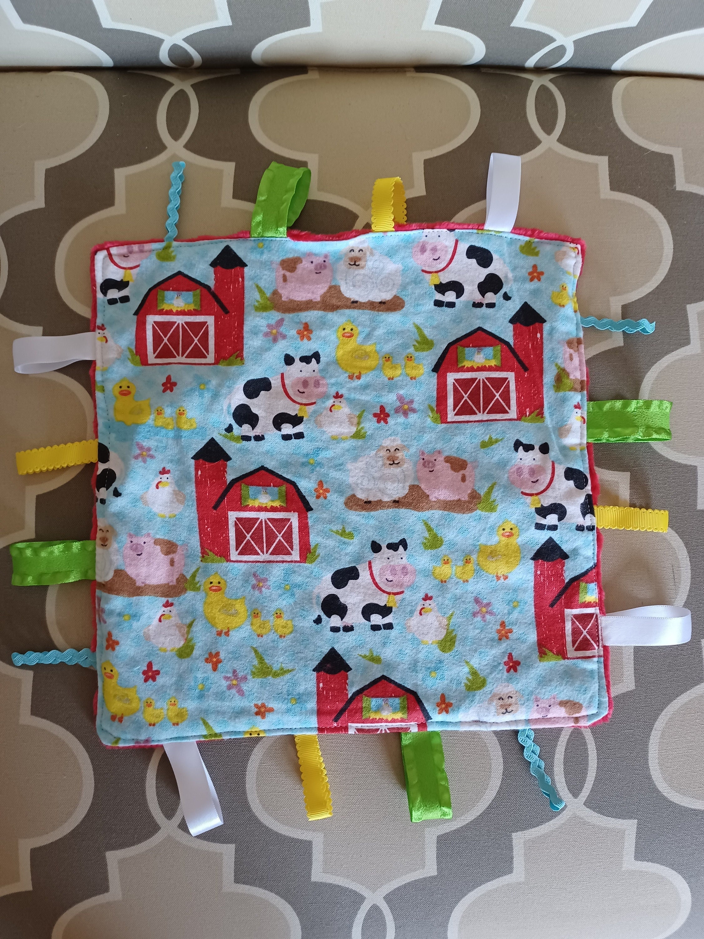 Farm Animal Mini Blanket / baby / farm / animals / minky / flannel / ribbons / textures / lovey / 11 inches square