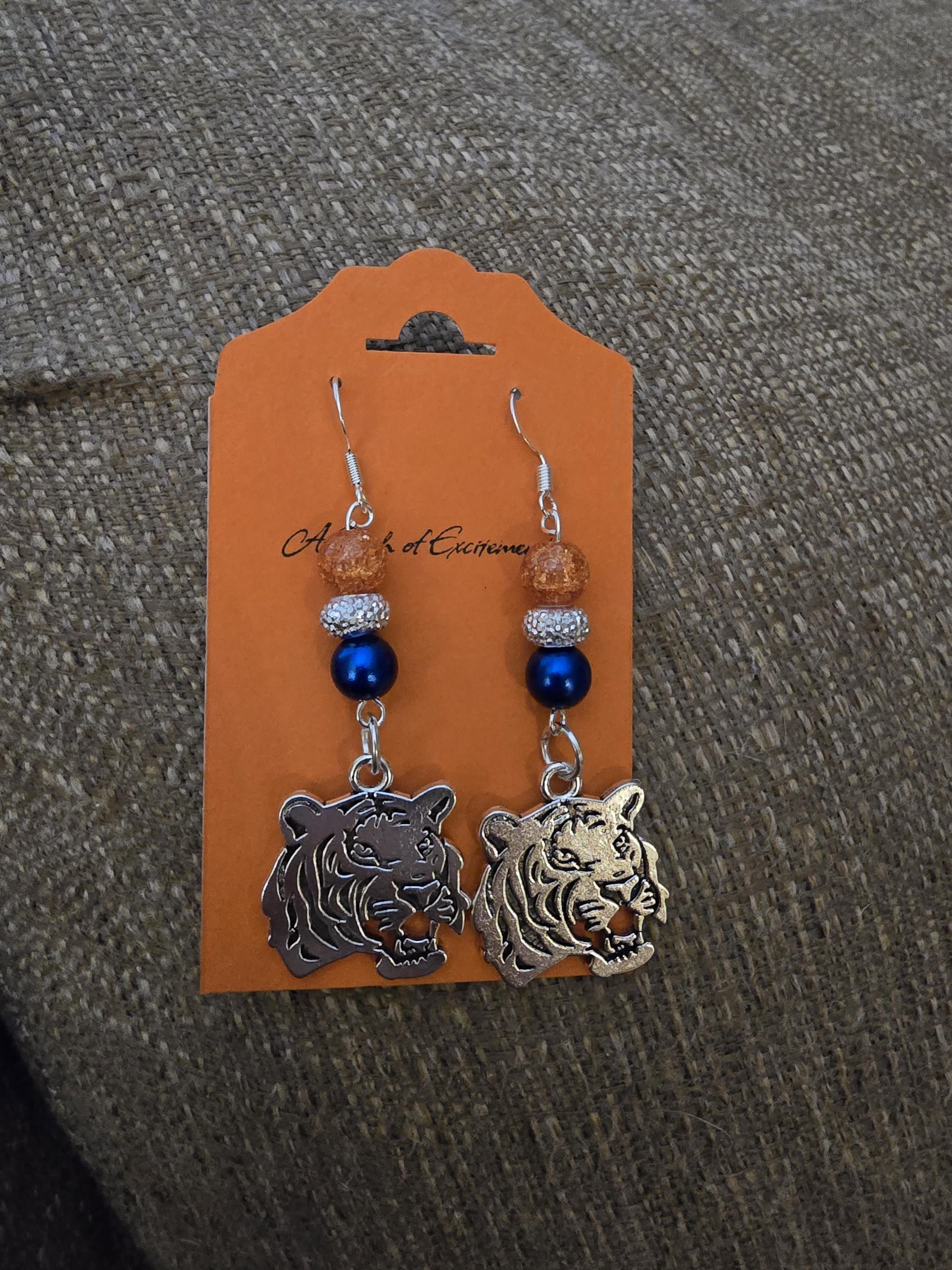 Tiger Charm Earrings / orange / blue / silver / tiger head / fish hook / pearl bead / gameday / Collegiate