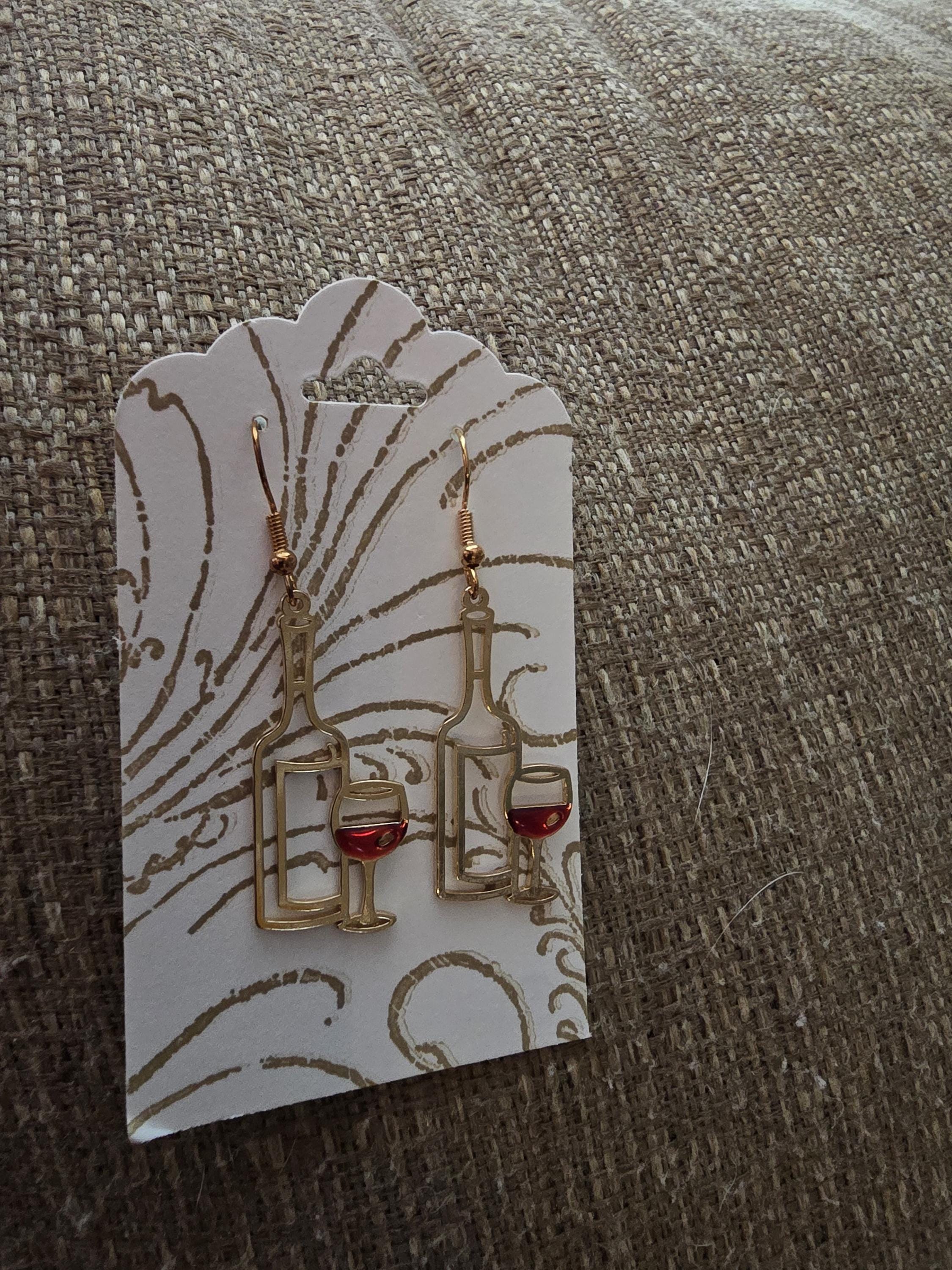 Red wine and wine bottle earrings / nickel free metal / gold finish /  wine / red / lightweight / dangle / earring / novelty - Thumbnail 2