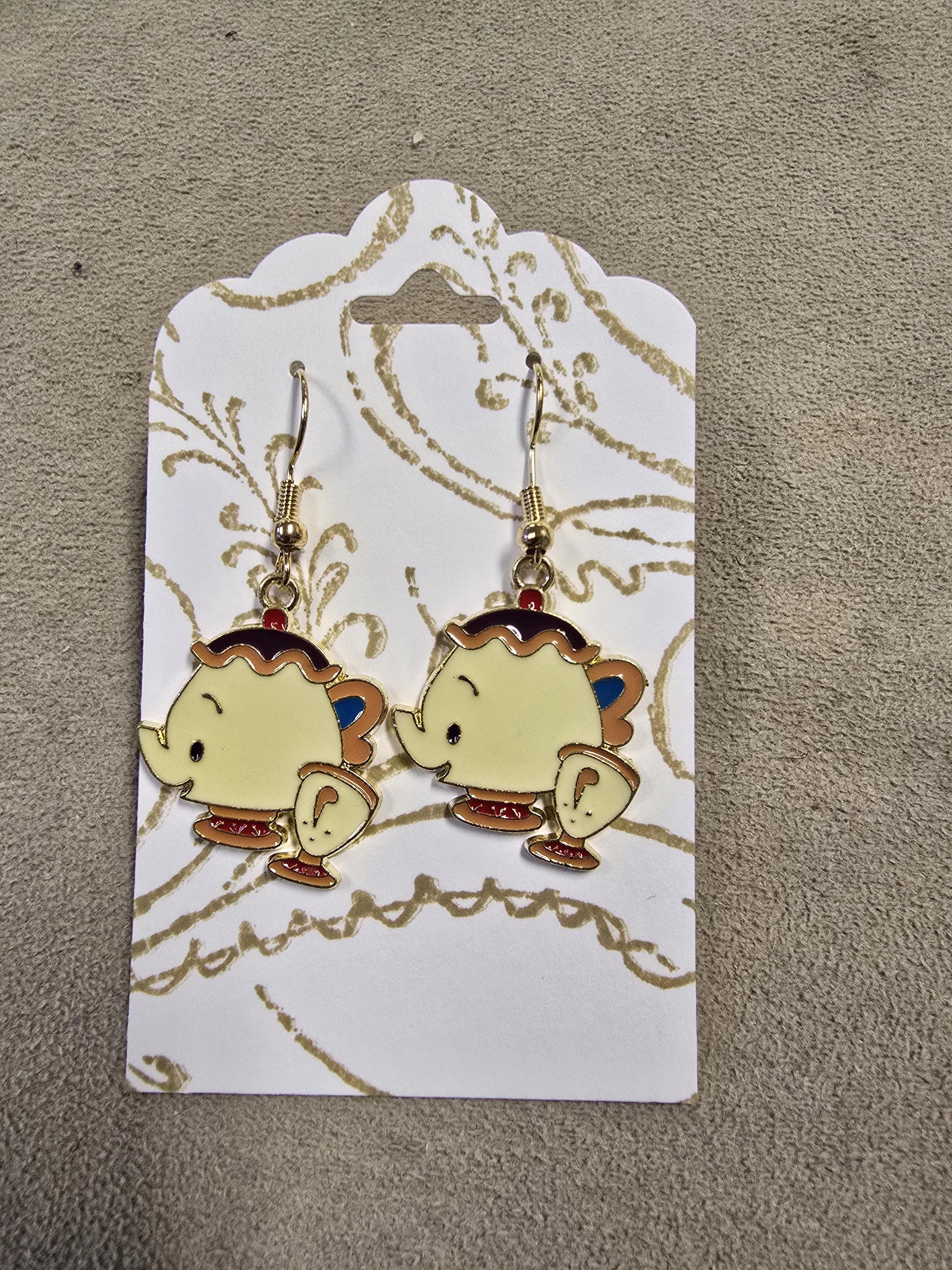 Beauty and Beast Charm Earrings / yellow / princess / gold / teapot / chip / dancing couple /  fish hook / sparkle bead / Belle / for her - Image 1