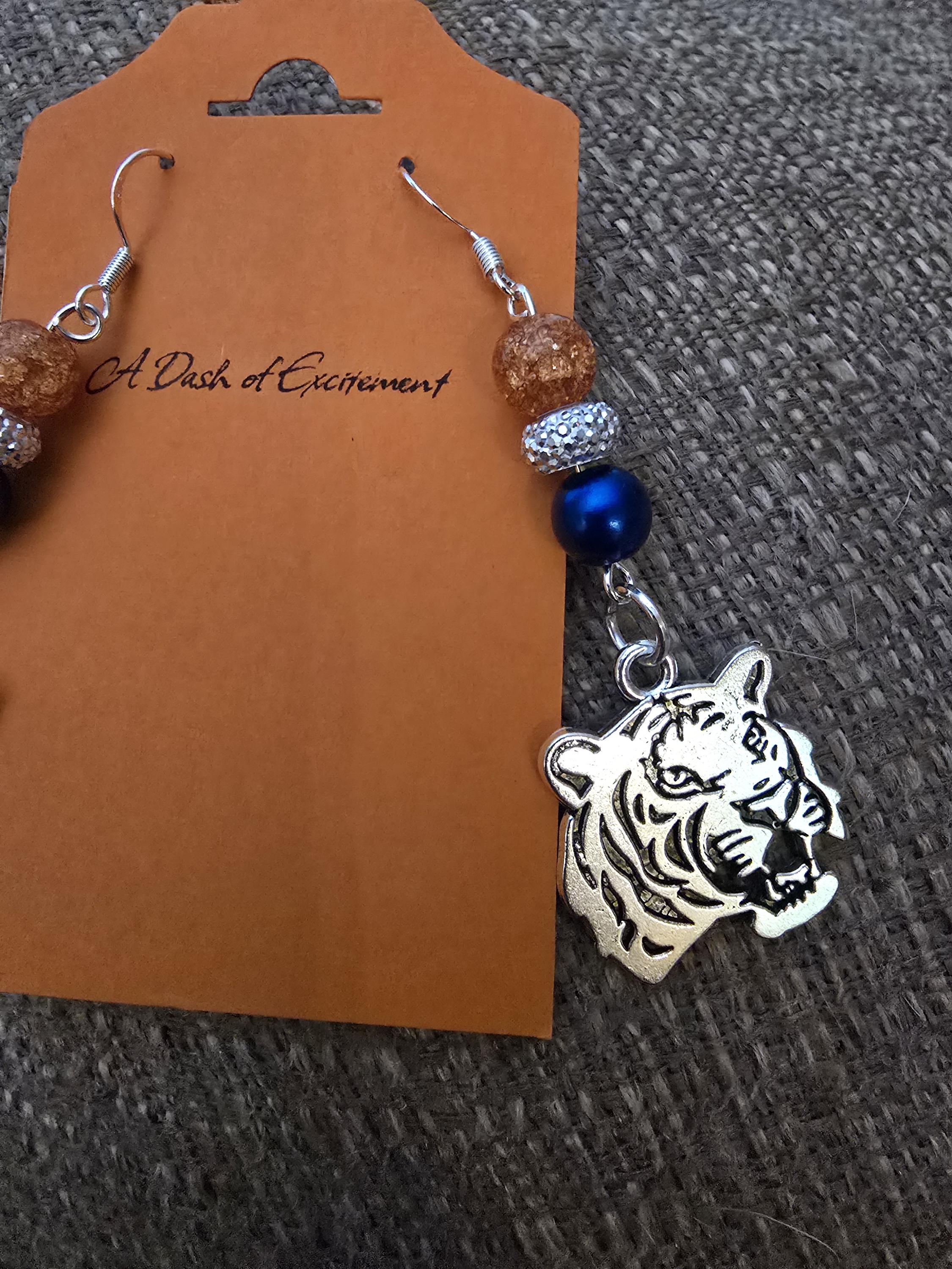 Tiger Charm Earrings / orange / blue / silver / tiger head / fish hook / pearl bead / gameday / Collegiate - Thumbnail 2