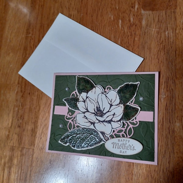 Magnolia Mother's Day Card / Magnolia bloom / Floral / Pink / Green / Handmade / Hand-assembled / Mom