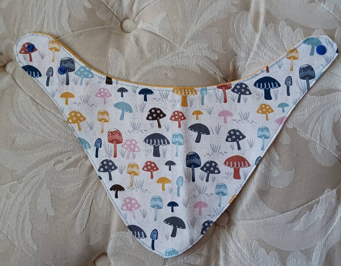 Mushroom Bib / baby / boy / girl / navy / yellow / flannel / canvas / durable / snaps / bib