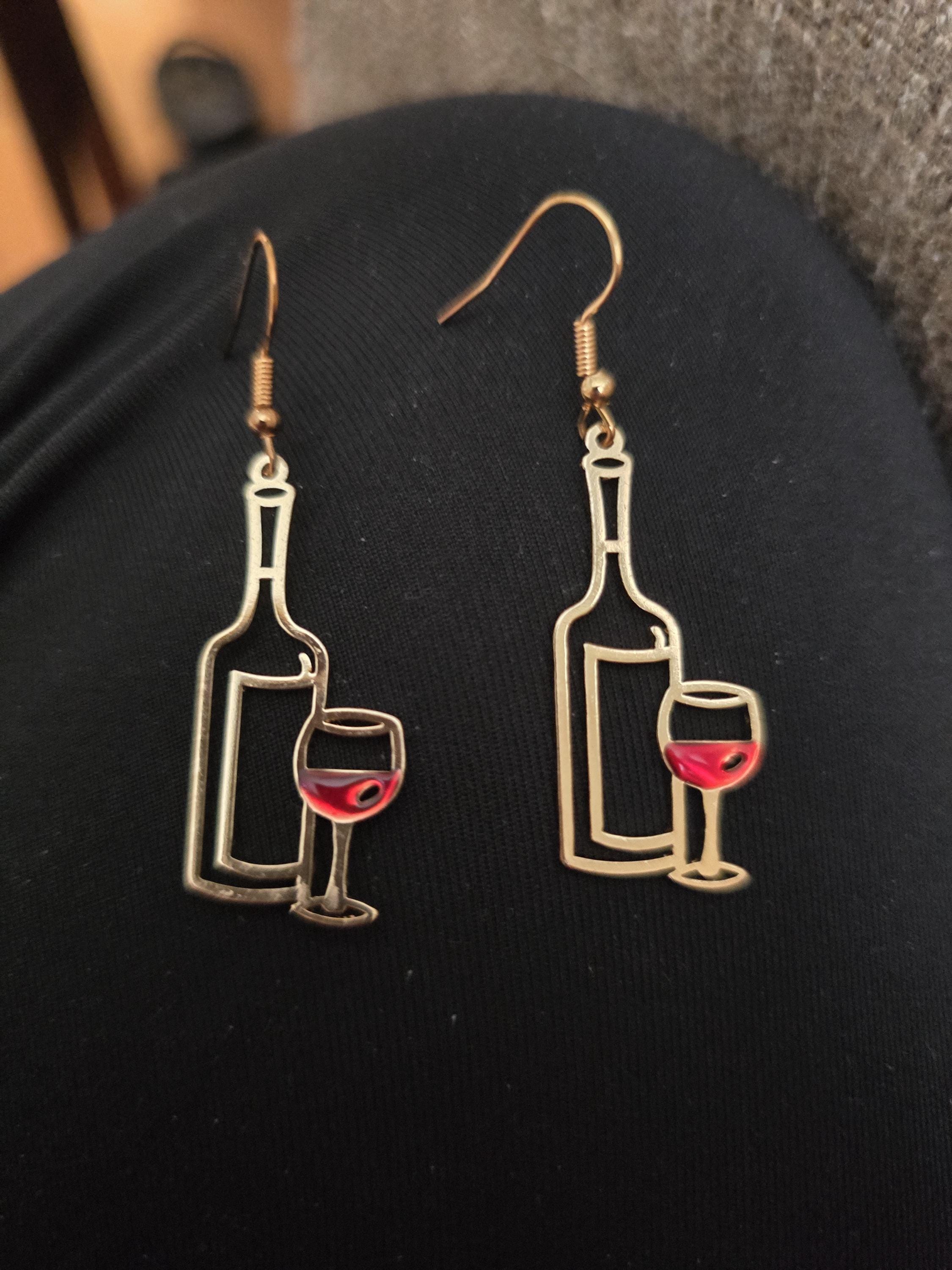 Red wine and wine bottle earrings / nickel free metal / gold finish /  wine / red / lightweight / dangle / earring / novelty - Image 1
