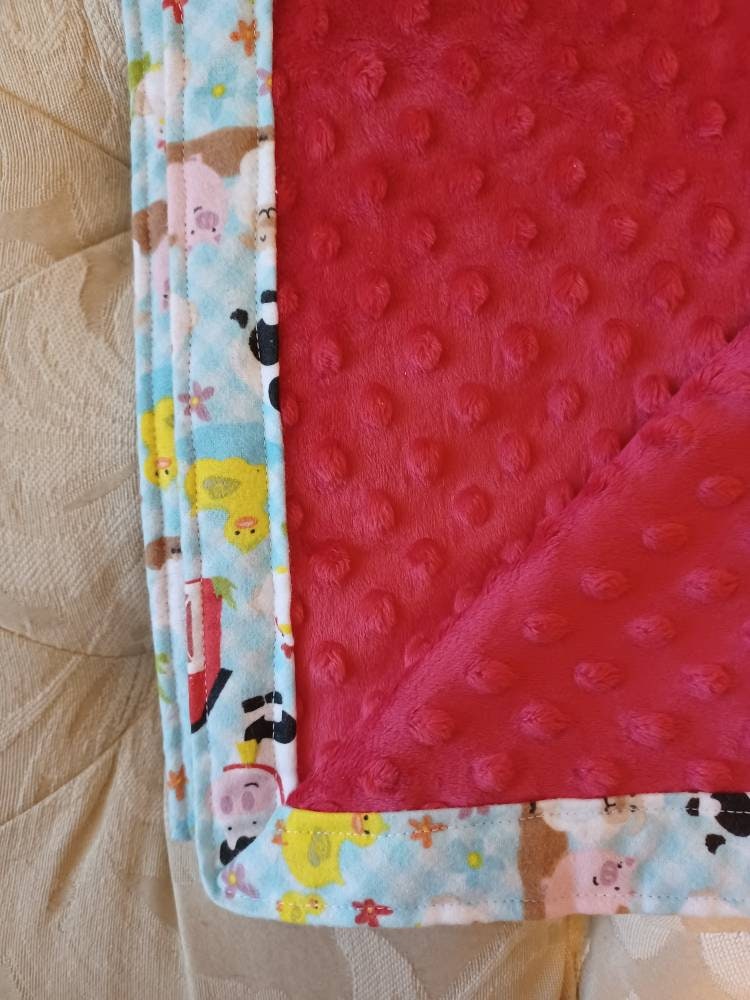 Farm Animal Flannel and Minky Baby Blanket / barn / red / blue / farm / cow / chicken / pig / duck / handsewn / baby gift / blanket - Thumbnail 5