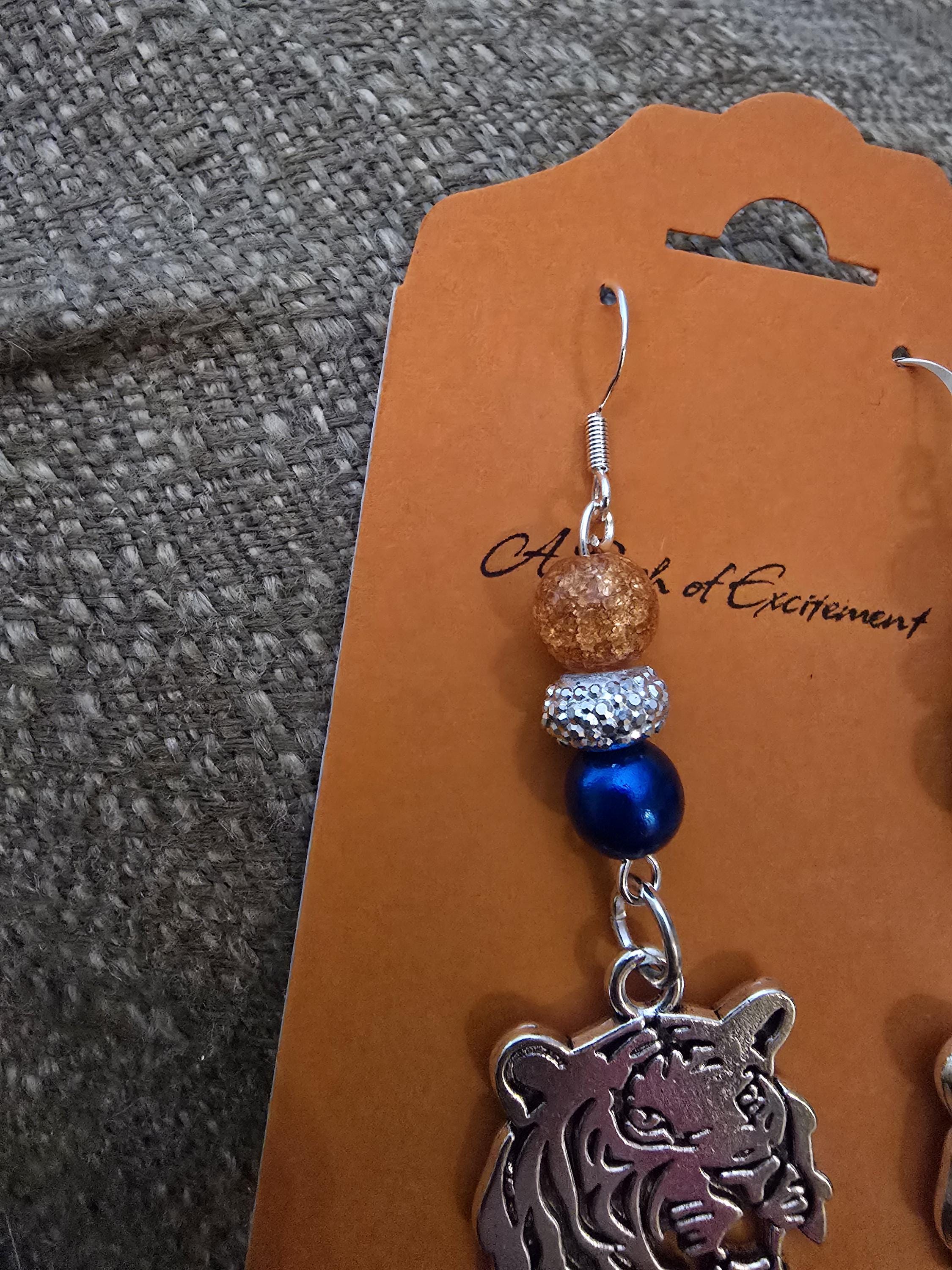 Tiger Charm Earrings / orange / blue / silver / tiger head / fish hook / pearl bead / gameday / Collegiate - Thumbnail 3