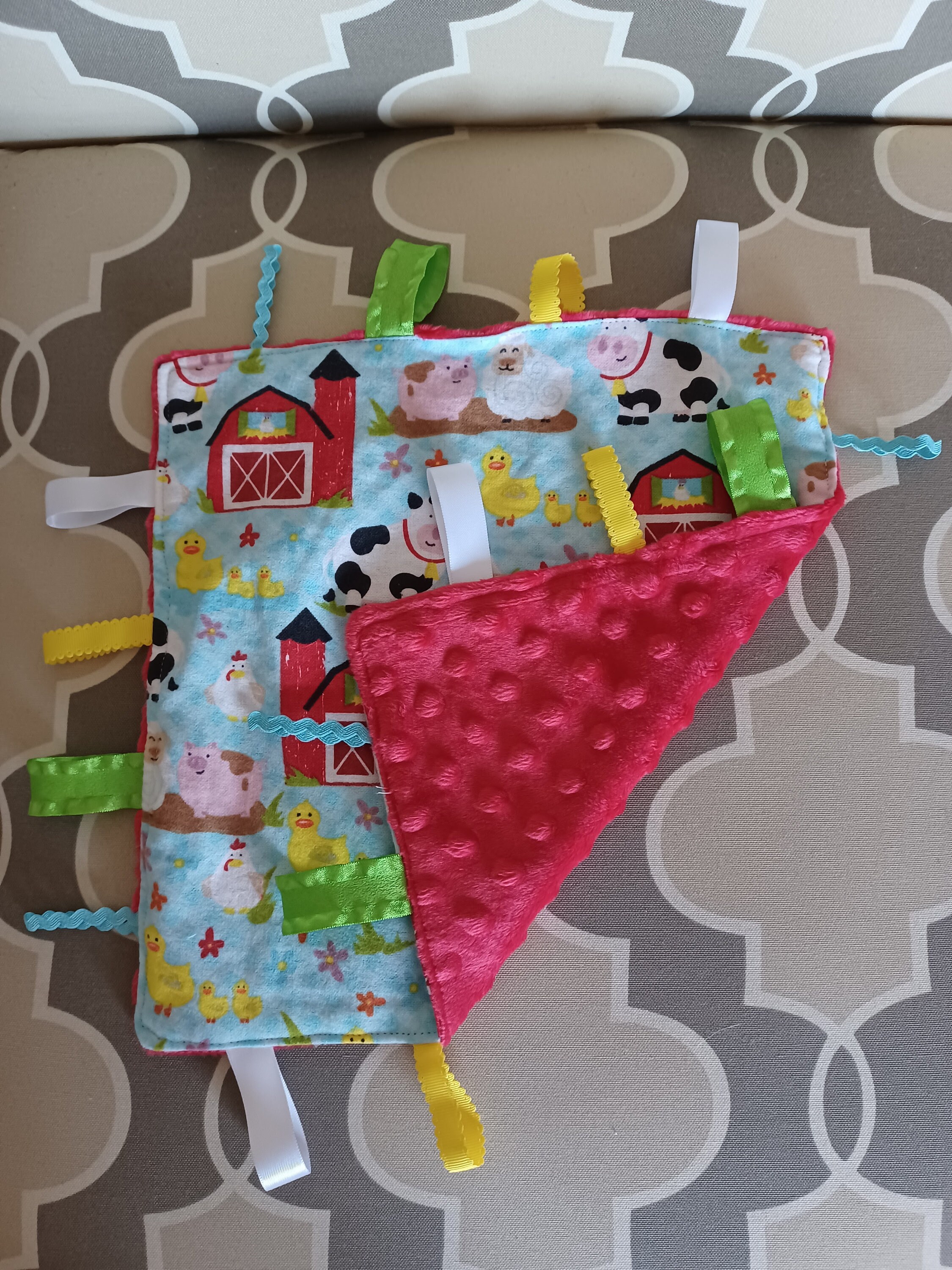 Farm Animal Mini Blanket / baby / farm / animals / minky / flannel / ribbons / textures / lovey / 11 inches square - Thumbnail 3