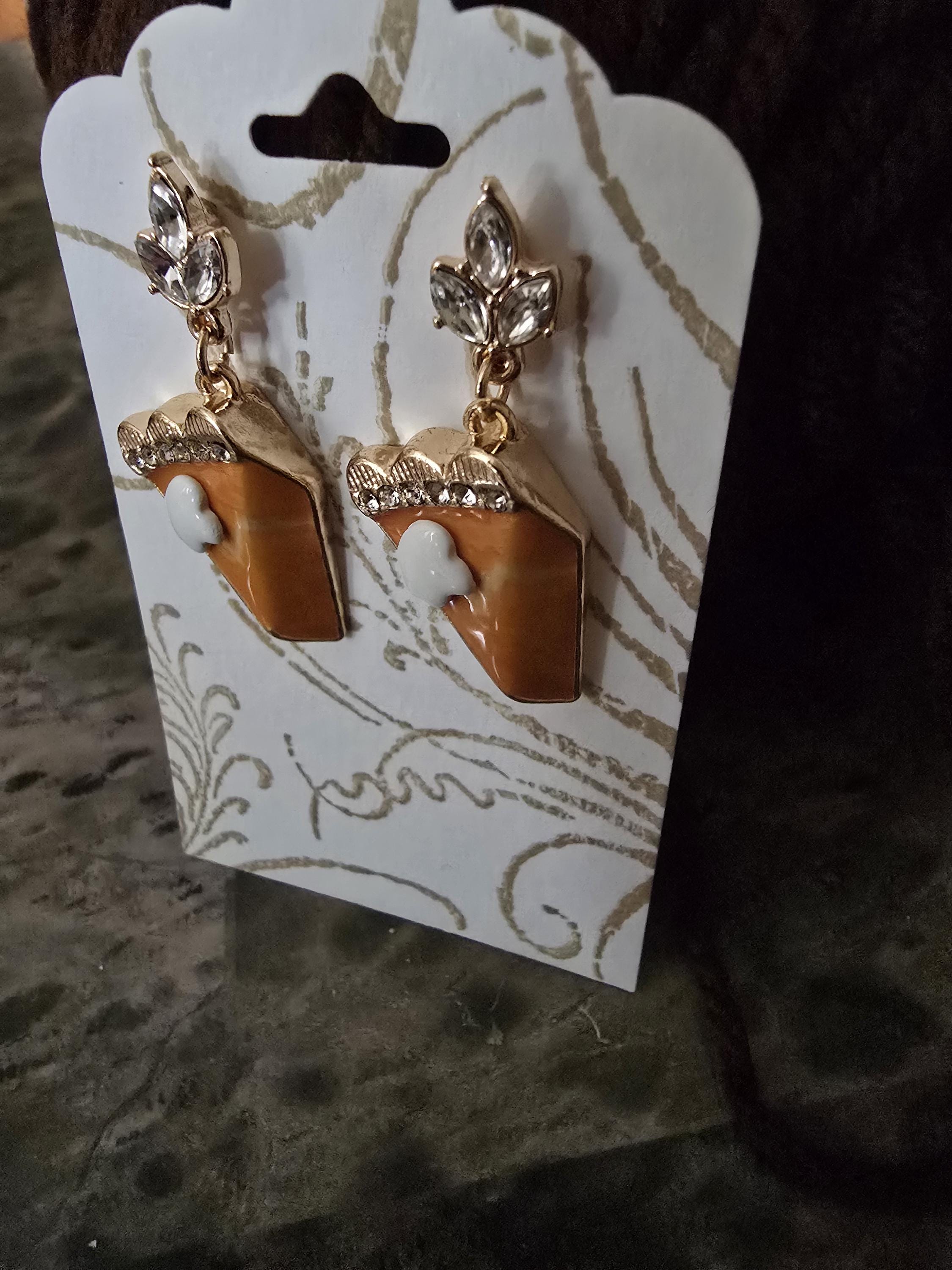 Pumpkin Pie Earring/ metal charm / Fall icon / nickel free / fish hook / slightly 3D / stud setting / rhinestone accents - Thumbnail 2