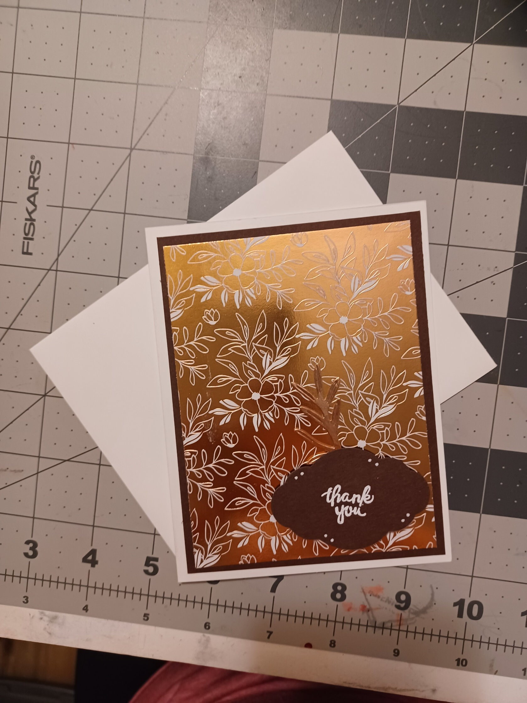 Rose gold Thank you card / floral / handmade / metallic / thank you / white / dark brown / leaves - Image 1