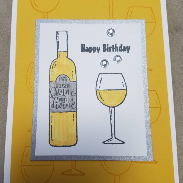 Happy Birthday with Wine Card / Wine bottle / Wine glass / Birthday / handmade / hand stamped / shimmer paper