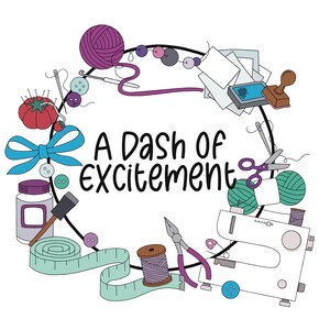 Puede incluir: Ilustraci&oacute;n caprichosa con materiales de manualidades dispuestos en un dise&ntilde;o circular. La imagen incluye una m&aacute;quina de coser, hilo, tijeras, un alfiletero de tomate y el texto "A Dash of Excitement". La paleta de colores incluye tonos de morado, azul, verde y blanco.