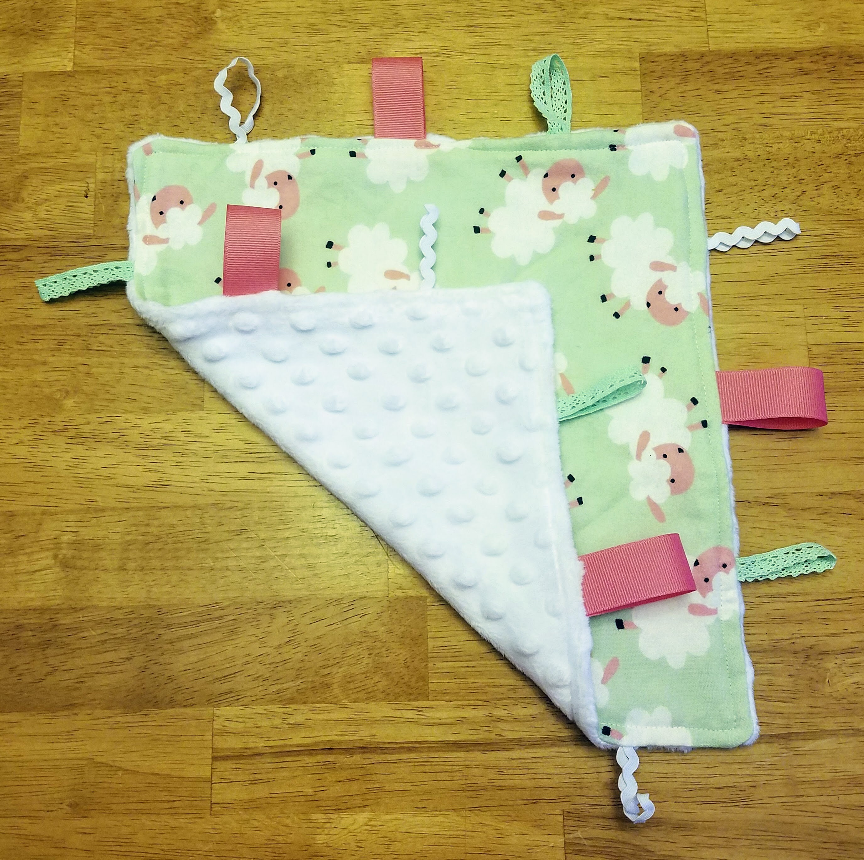 Sheepy Mini Blanket / sheep / ribbon / flannel / mint / pink / white / cotton / minky / soft / baby / texture - Thumbnail 4