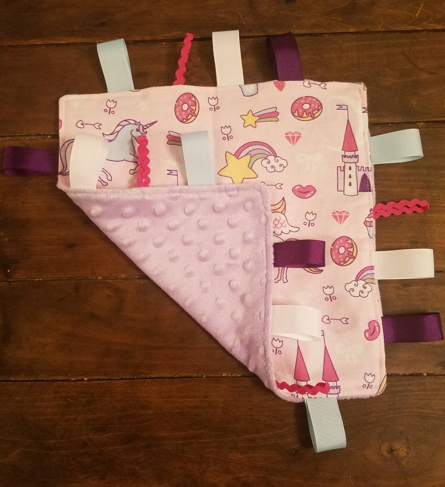 Unicorn and Rainbow Mini Blanket / unicorn / baby girl / rainbow / blanket / baby / flannel / minky / purple / pink / ribbons / texture - Thumbnail 3