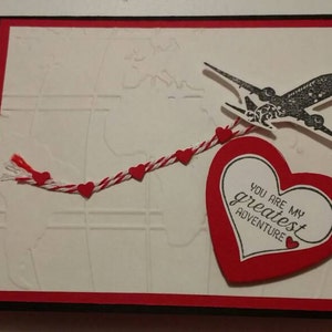 Valentine's greatest adventure card / hand stamped / handmade / Valentine's / for him / for her / love / hearts / airplane / pilot