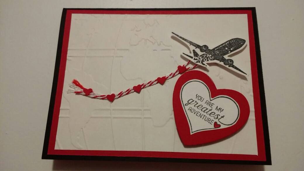 Valentine's greatest adventure card / hand stamped / handmade / Valentine's / for him / for her / love / hearts / airplane / pilot