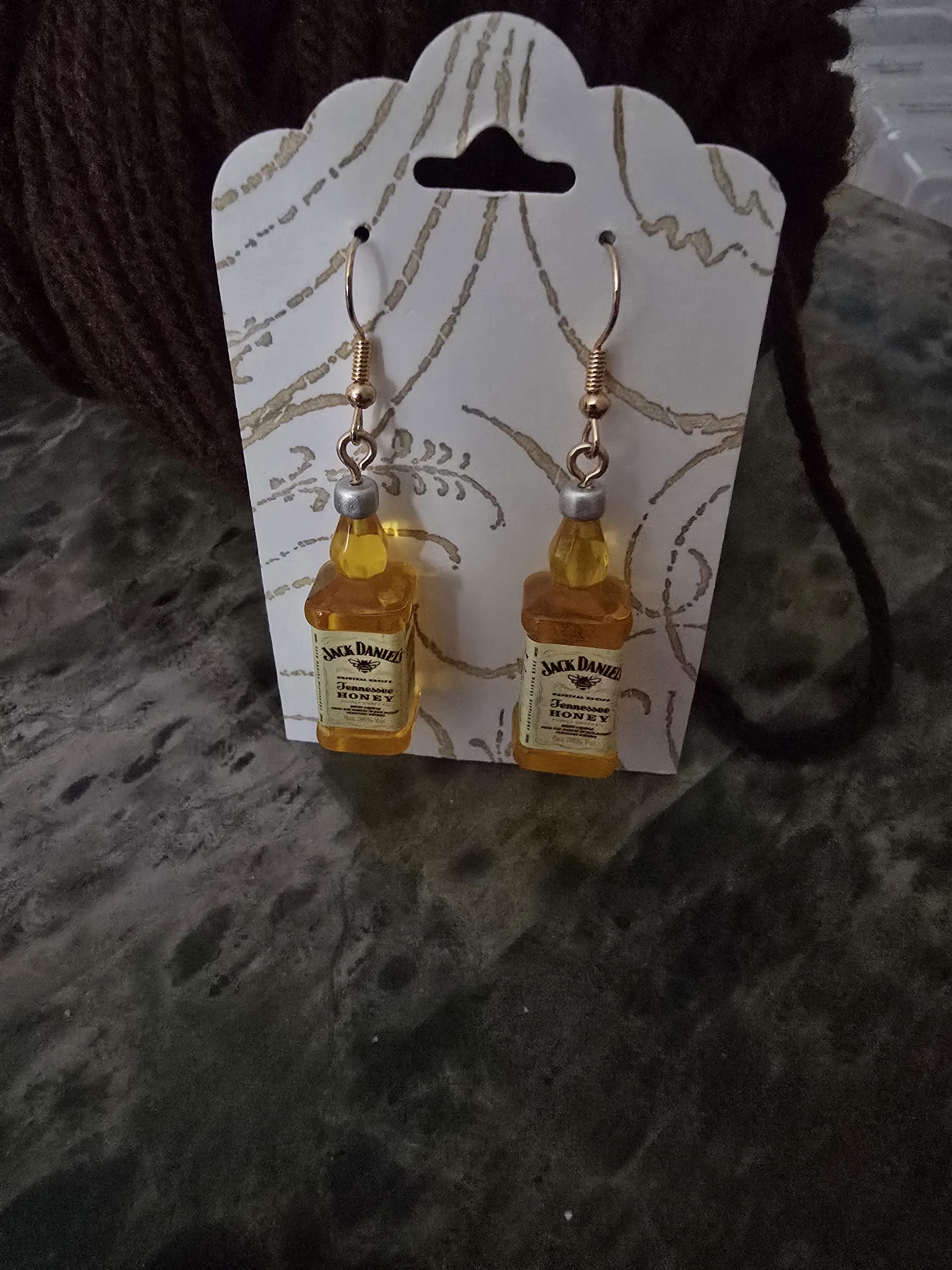 Honey Whiskey bottle earring / acrylic / nickel free / fish hook / 3D bottle charm / rhinestone accents