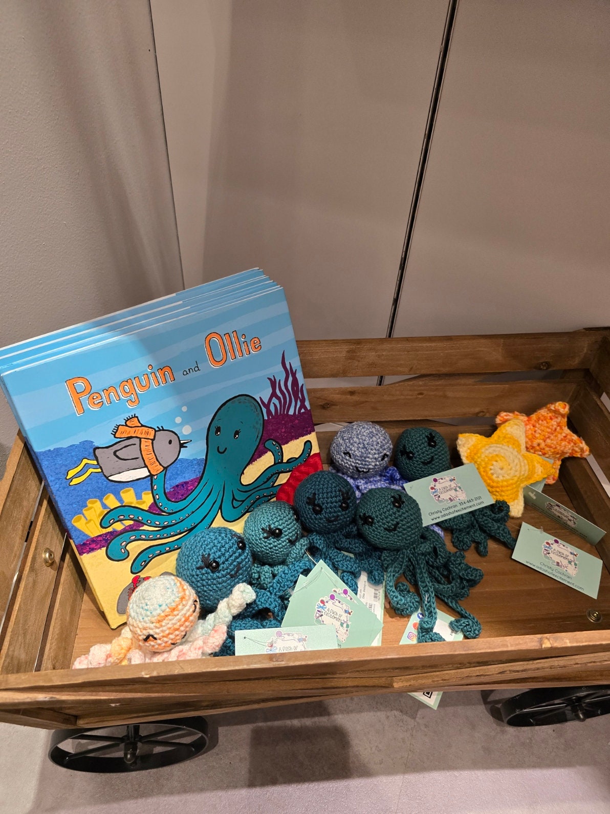 Penguin and Ollie book w/ handmade Ollie Octopus /Salina Yoon/ crochet /handmade / book character / teal / octopus stuffie / children's book - Thumbnail 2
