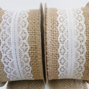 Natural Faux Burlap Ribbon With White Cotton Lace ,1m, 50mm or