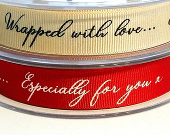 15mm Gift Wrapping Ribbon, Wrapped with Love, Choice of Red or Cream