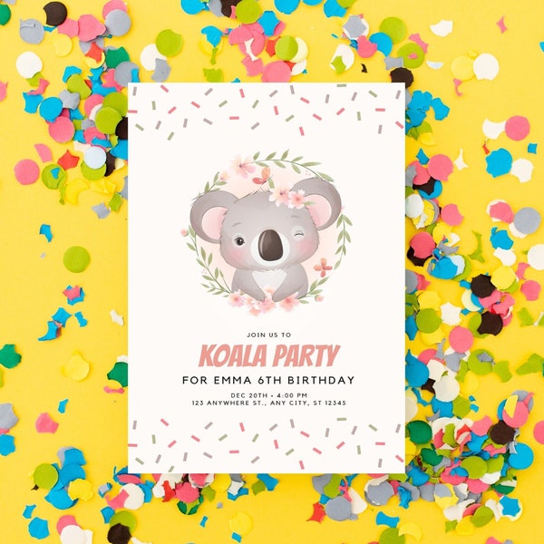 Editable Koala Invitation Card Custom Personalized Digital Instant Download / Editable Boy Girl Birthday Invitations or Any Party 4x6