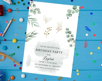 Editable Greenery Watercolor Eucalyptus Invitation Custom Personalized Digital Instant Download / Editable Boy Girl Birthday Invitations