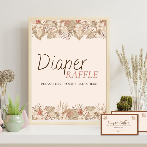 Diaper Raffle Tickets and Sign Pampas Grass Palm Spear Orchid Flowers Shower Game/ Girl Baby Shower Game Printable Digital Instant Download