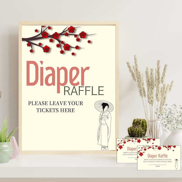 Diaper Raffle Tickets and Sign Asian Japanese Cherry Shower Game / Asian Japanese  Red Girl Baby Shower Game Printable Digital  Download