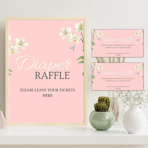 Diaper Raffle Tickets and Sign White Orchid Baby Shower Game / White Orchid Pink Girl Baby Shower Game Printable Digital Instant Download