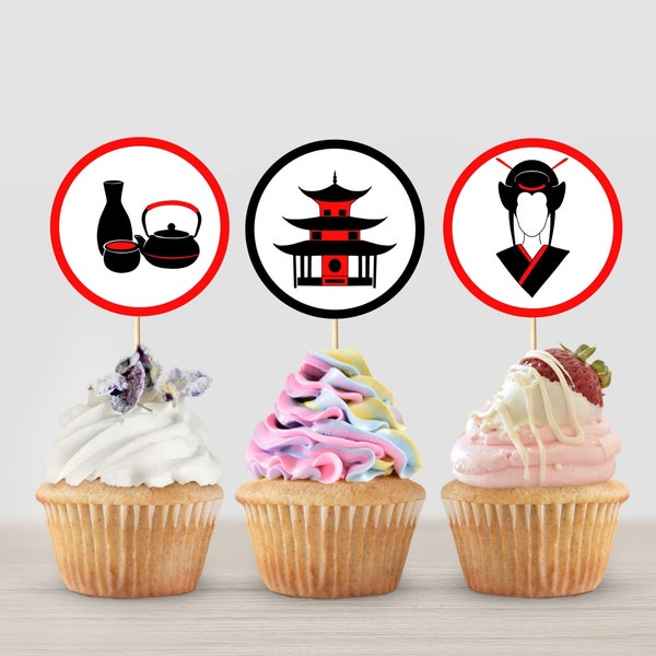 Asian Chinese Japanese Cupcake Toppers or Gift Tags Printable Digital Instant Download | Asian Birthday Party Supplies Decorations Decor