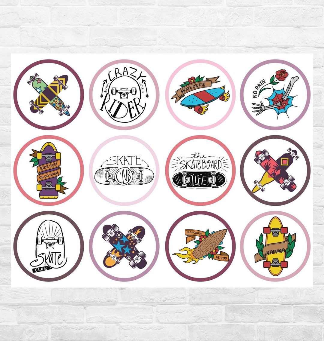 Skateboarding Skater Cupcake Toppers Gift Tags Printable Digital ...