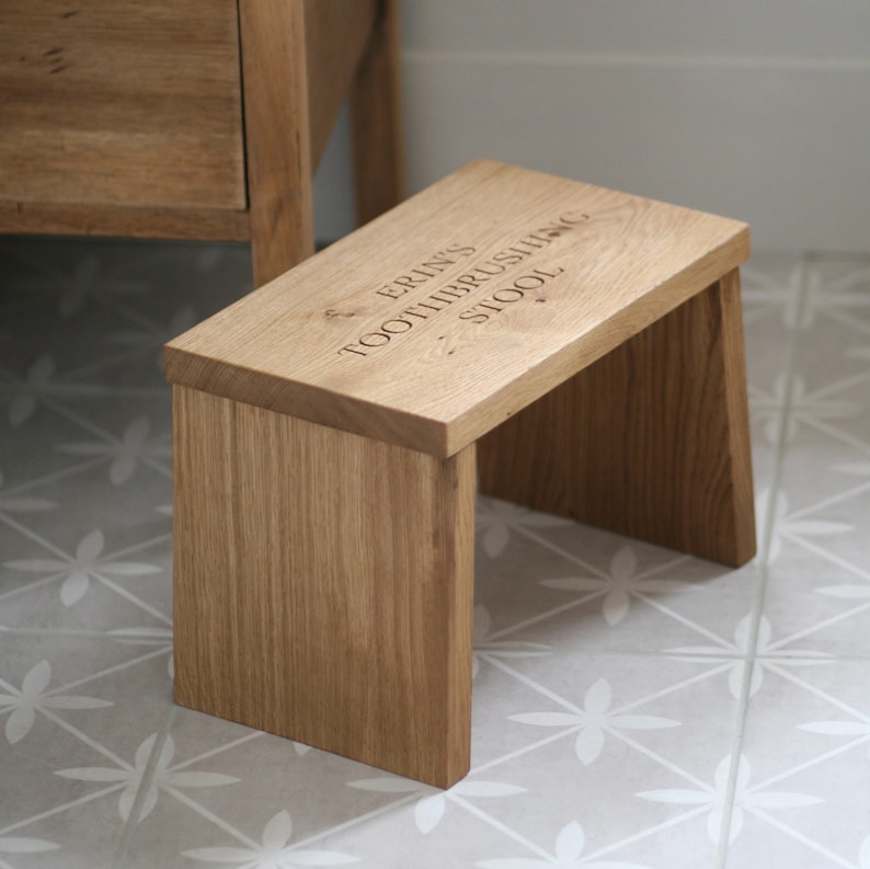 Step stool solid oak stool wood step stool kids step stool personalised with carving wooden step stool childrens' step stool. image 3