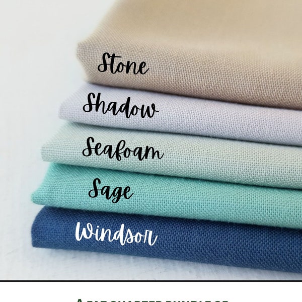 Ocean colors embroidery fabric, basic hand embroidery supplies, fat quarter cloth collection, Kona cotton quilting solids bundle,