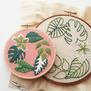 Tropical plants embroidery pattern, DIY monstera leaves wall art, modern hand embroidery PDF, DIY gift idea for housewarming party