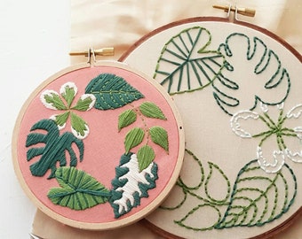 Tropical plants embroidery pattern, DIY monstera leaves wall art, modern hand embroidery PDF, DIY gift idea for housewarming party