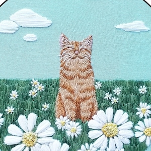 Happy cat DIY embroidery kit, orange tabby kitten and daisies hand stitching pattern